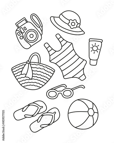 Beach set. Swimsuit, camera, bag, hat, ball, flip-flops. Coloring page.