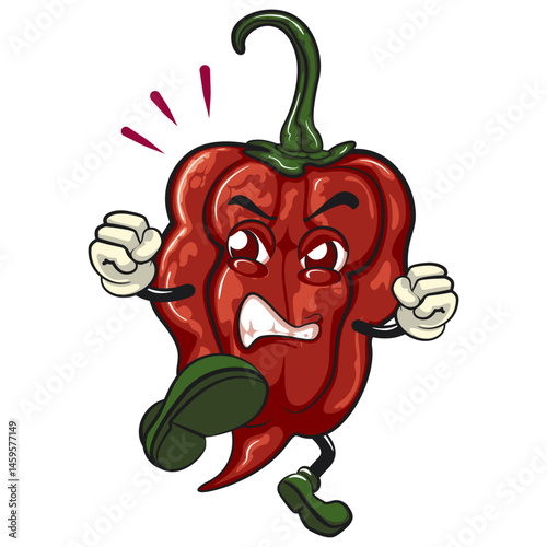 character mascot of a carolina reaper chili cartoon vector isolated clip art illustration throw a side kick, work of hand drawn