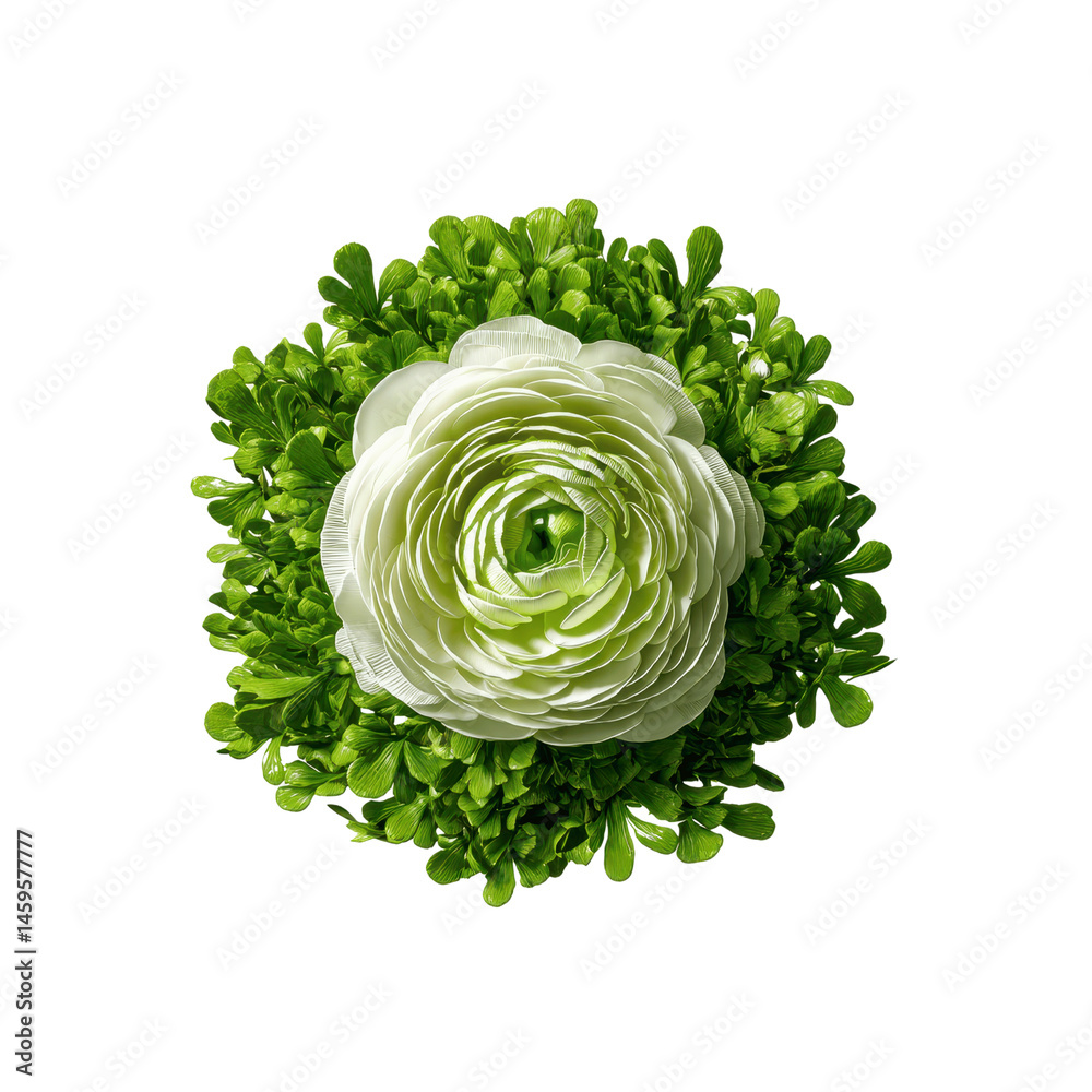 Fototapeta premium Elegant White Ranunculus Flower with Green Foliage, Overhead View