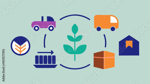 Food Journey Icons A series of icons representing various stages of food processingharvest packaging shippinglinked by arrows that represent blockchain transitions.