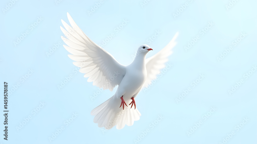 A heavenly white dove in flight, symbolizing the Holy Spirit, with ultra-detailed feathers and a soft sky-blue background for spiritual themes. A heavenly white dove in flight, symbolizing the Holy Spirit, with ultra-detailed feathers and a soft sky-blue background for spiritual themes.