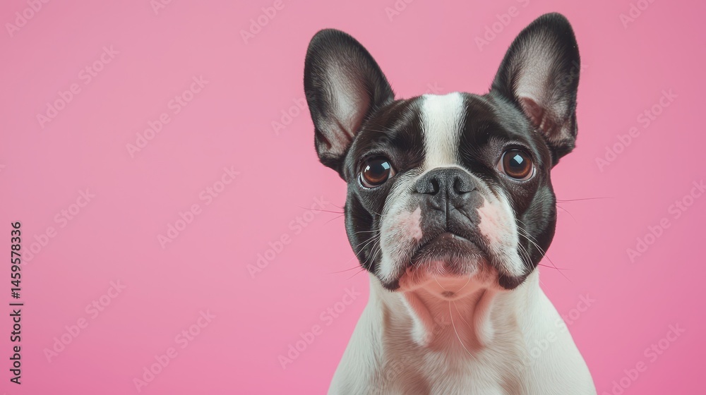 Fototapeta premium Adorable French Bulldog with Big Eyes Against a Bright Pink Background for Cheerful and Playful Mood