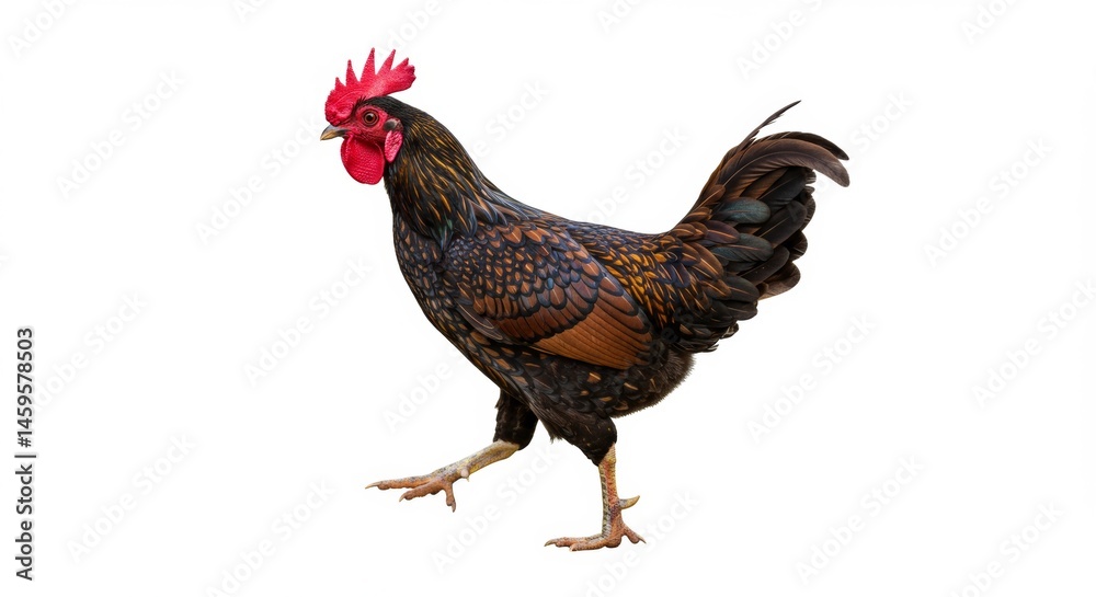 Fototapeta premium Beautiful rooster with colorful feathers struts confidently across a white background in a vibrant and detailed studio shot showcasing poultry farming and nature's beauty
