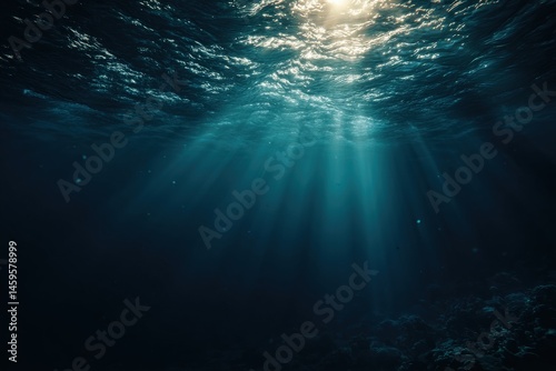 Sunbeams pierce the deep ocean, illuminating the dark depths.