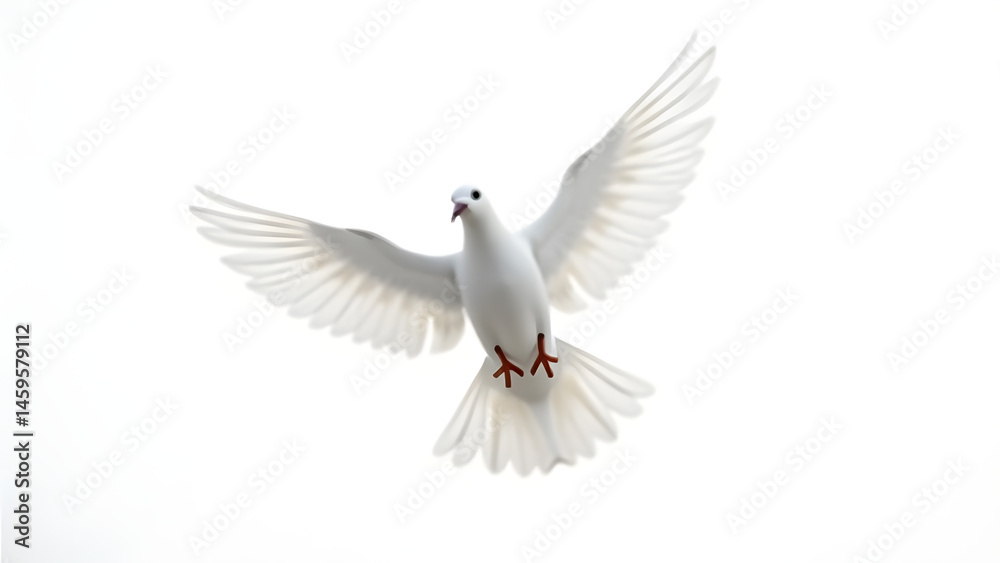 Obraz premium A pure white dove in mid-flight, representing the Holy Spirit, with intricate feather details and a clean white background for versatile spiritual use.
