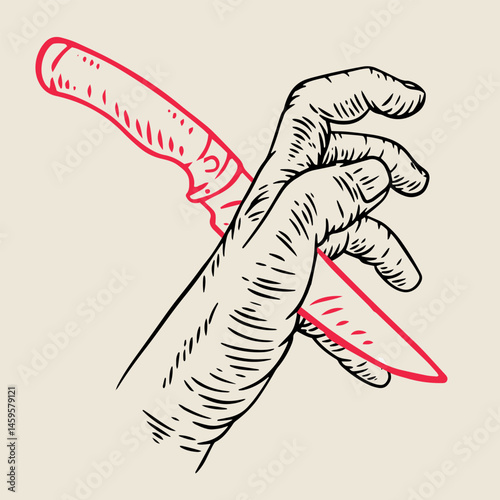 Hand draw composition with human palm and red knife in vintage retro style. Design concept art for old school tattoo, banner, sticker, print. Vector fashion cartoon illustration.