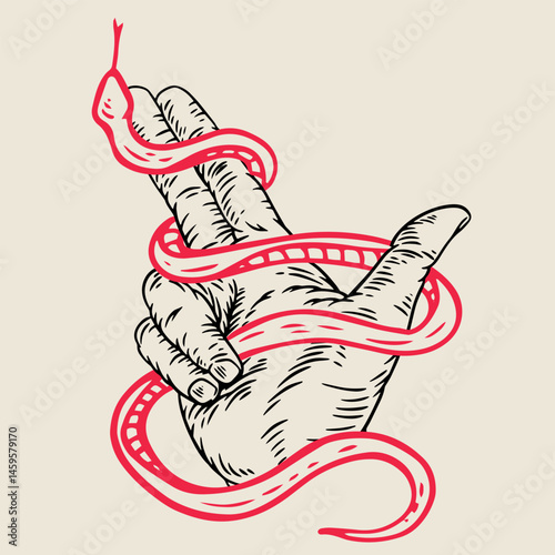 Hand draw composition with human palm gesture and red snake wire in vintage retro style. Design concept art for old school tattoo, banner, sticker, print. Vector fashion cartoon illustration.