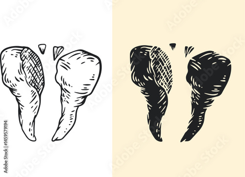 Broken tooth in hand drawn vintage style. Black fill and outline design concept art for old school tattoo, banner, sticker, print. Vector fashion retro illustration.