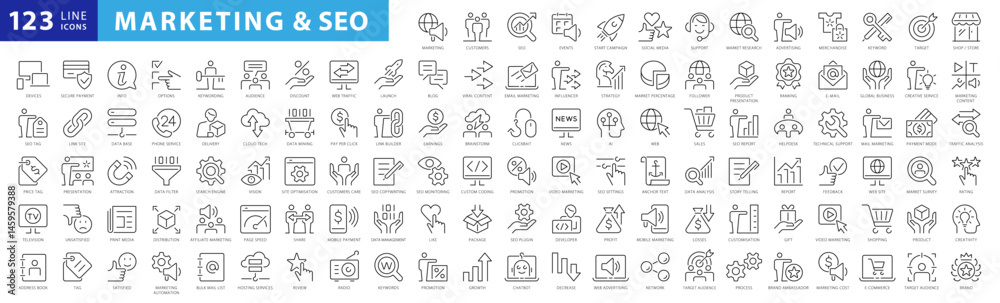 Digital marketing and SEO Outline Style Icons Set. Marketing & Search Engine Optimization Thin Line Vector icons collection. Website, Shop, Rating, Traffic Analysis, Creativity, Target, Keyword