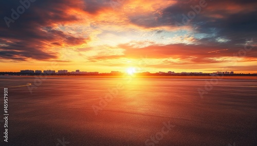 Fototapeta Naklejka Na Ścianę i Meble -  Empty asphalt runway at sunset over city skyline. Dramatic clouds and warm light fill the sky above