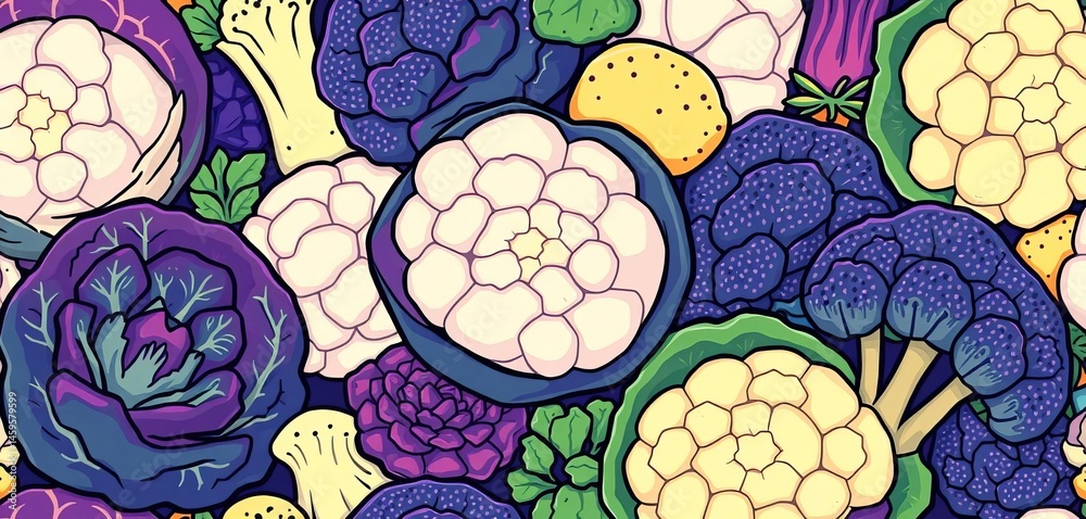 Vibrant cartoon cabbage, kale, cauliflower, and broccoli seamless pattern, agriculture, cauliflower Vibrant cartoon cabbage, kale, cauliflower, and broccoli seamless pattern, agriculture, cauliflower