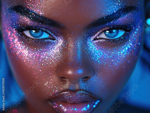 Close-up portrait of a woman with vibrant, glittering makeup.  Her intense gaze and striking features are highlighted by cool-toned lighting