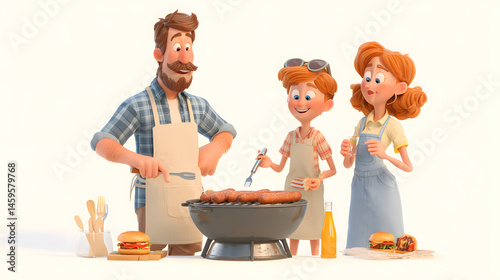Family at BBQ Grill with Sausages and Burgers