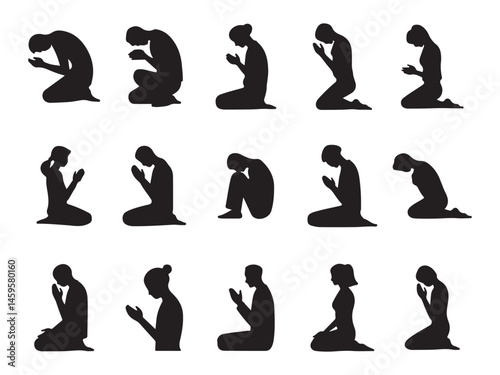 This stock image features a collection of black silhouette figures, both male and female, kneeling in various prayerful positions.