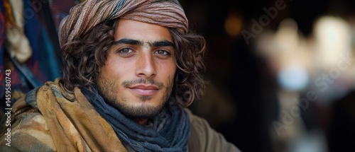Close-up portrait of a young man with long, curly brown hair, wearing a patterned head wrap and a scarf. His expression is calm and engaging