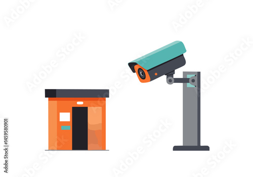 A security camera monitors a small orange building. Clean, modern illustration style. Suitable for security, technology, and urban themes.