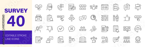 Survey icon set. Containing feedback, review, opinion, questionnaire, poll, research, data collection, satisfaction, answer, checklist and more. Editable line icons. Vector illustration.
