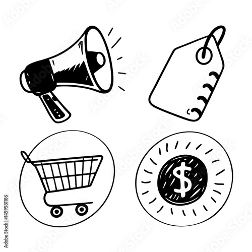 Hand Drawn Shopping Icons Set with Megaphone, Price Tag, Cart, and Dollar Symbol