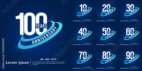 Set of 10-90th years anniversary celebration emblem. elegant anniversary logo isolated with blue oval ring on dark blue background. vector illustration template design for web