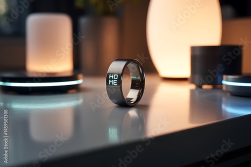 Smart Ring Home Automation Device Displaying Home on a Table