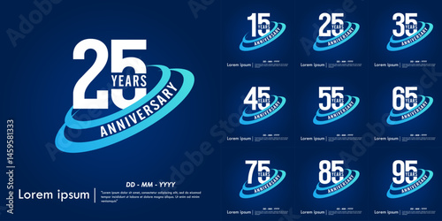 Set of 15-95th years anniversary celebration emblem. elegant anniversary logo isolated with blue oval ring on dark blue background. vector illustration template design for web