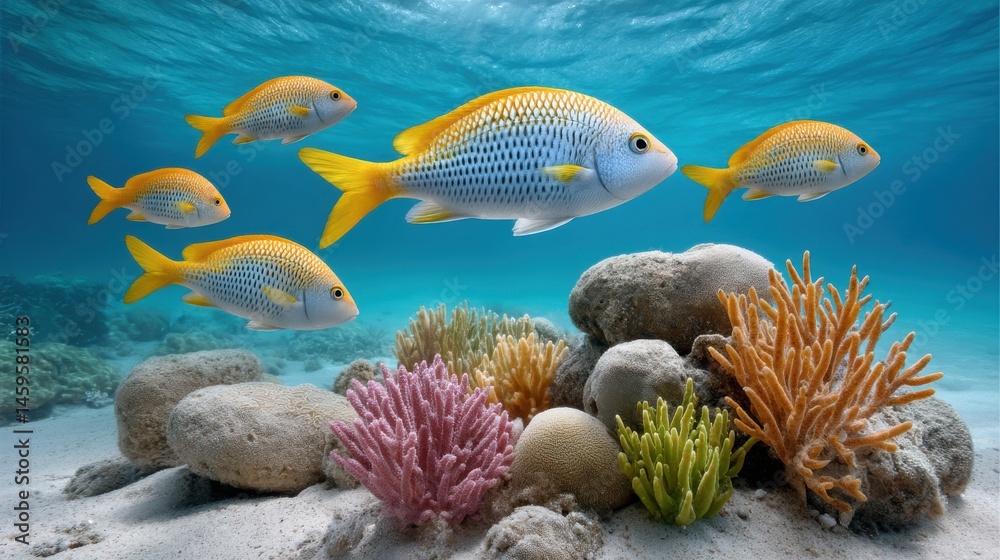 Obraz premium Colorful School of Fish Swimming Among Vibrant Coral Reef Ecosystem