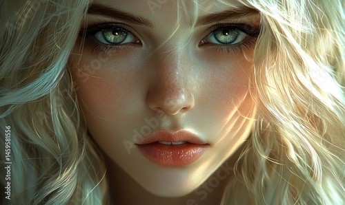Close-up portrait of a young woman with blonde, wavy hair and captivating green eyes.  Soft lighting accentuates her features