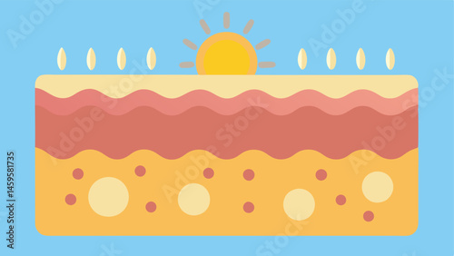 Layered skin protection Draw a crosssection of skin with a protective layer of nanoparticles forming a barrier against UV rays above various skin layers.