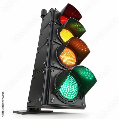 modern urban traffic light with sleek vertical housing, rounded lens covers, and vivid red-yellow-green sequence on white background