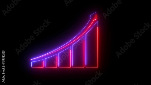 Glowing purple bar chart with upward red arrow on dark background, symbolizing financial growth, success, business progress