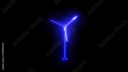 Glowing blue neon wind turbine icon on dark background, symbolizing renewable energy, sustainability, clean power generation, futuristic eco-friendly technology