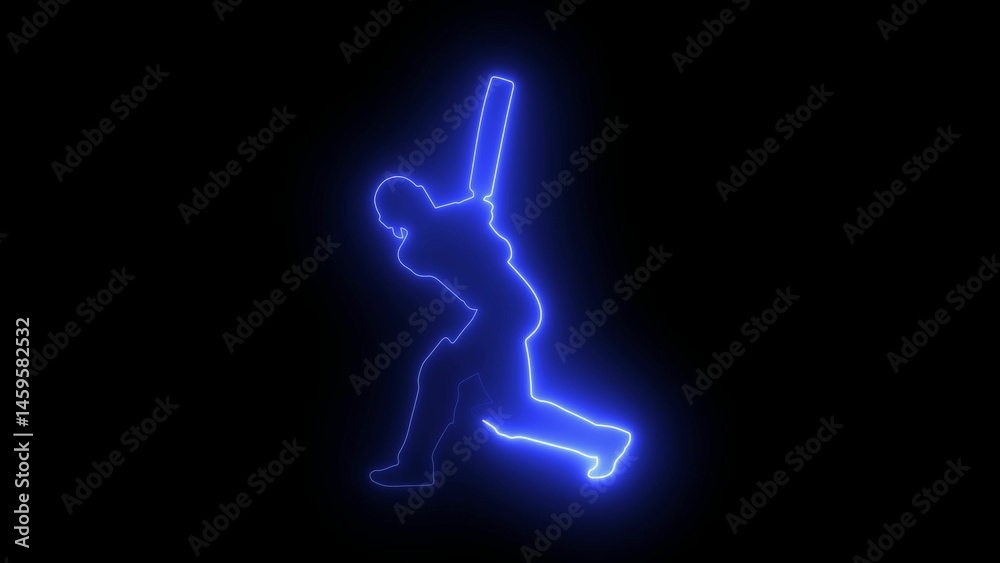 Glowing blue neon outline of a baseball player in batting stance with bat raised, preparing to swing on black background Glowing blue neon outline of a baseball player in batting stance with bat raised, preparing to swing on black background