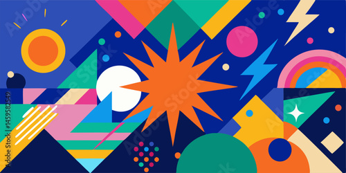 Abstract Geometric Art: Bright Colors, Shapes, & Starburst Design