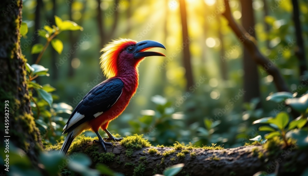 Naklejka premium A vibrant bird with a striking crest perches on a mossy branch in a sunlit forest, surrounded by lush green foliage.