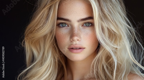 Close-up portrait of a young woman with long, wavy blonde hair and light eyes, freckles visible on her face