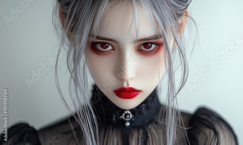 Close-up portrait of a young woman with striking silver hair, intense red eye makeup, and dark lipstick, wearing a black sheer collared top