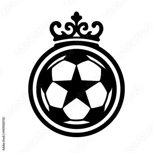A bold black and white flat vector illustration featuring a soccer ball inside a thick circular frame topped with a crown. 
