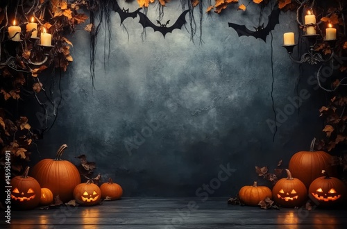 High-quality Halloween background with pumpkins, candles, and bats arranged on a dark gray wall, designed as a photo studio backdrop. This Halloween-themed Victorian-style decoration creates a spooky 