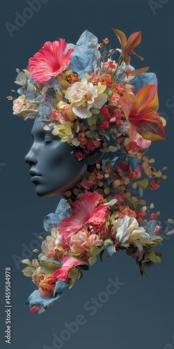 Creative floral sculpture of a woman's head surrounded by vibrant blossoms in a contemporary art display