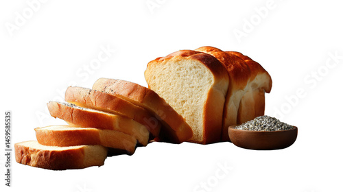 Sliced Bread and Grains: A fresh loaf of sliced bread, golden brown with inviting texture, presented alongside a bowl of grains, perfect for breakfast or a snack.