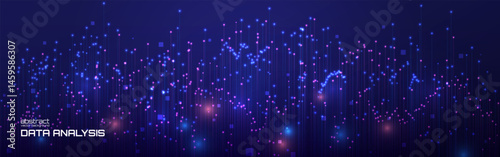 Big data visualization with glowing blue and pink lights. Abstract charts and vertical lines on dark backdrop. Digital analysis or tech visuals. Vector Illustration.