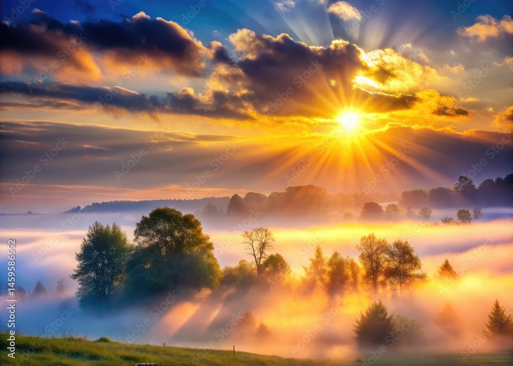 Obraz premium Cloudy Day Landscape: Sun Through Fog, Weather Forecast Illustration