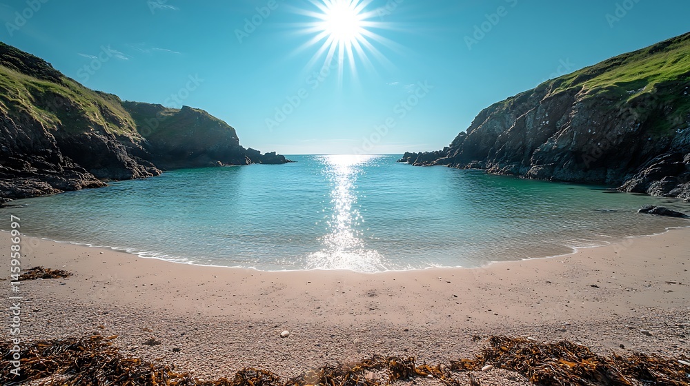 Obraz premium Scenic cove with turquoise water and sandy beach.