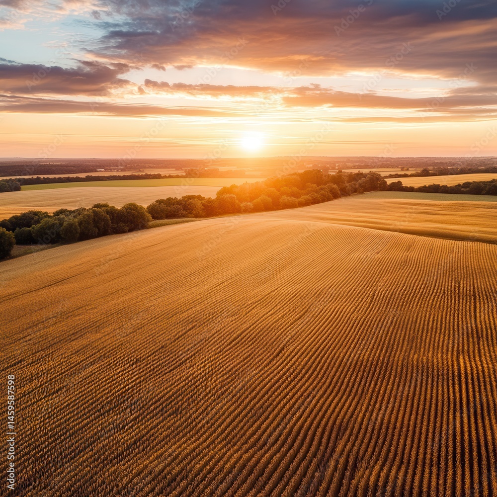Fototapeta premium Aerial view of a golden field at sunset, capturing the serene beauty of the countryside. The light adds a warm glow to the landscape.