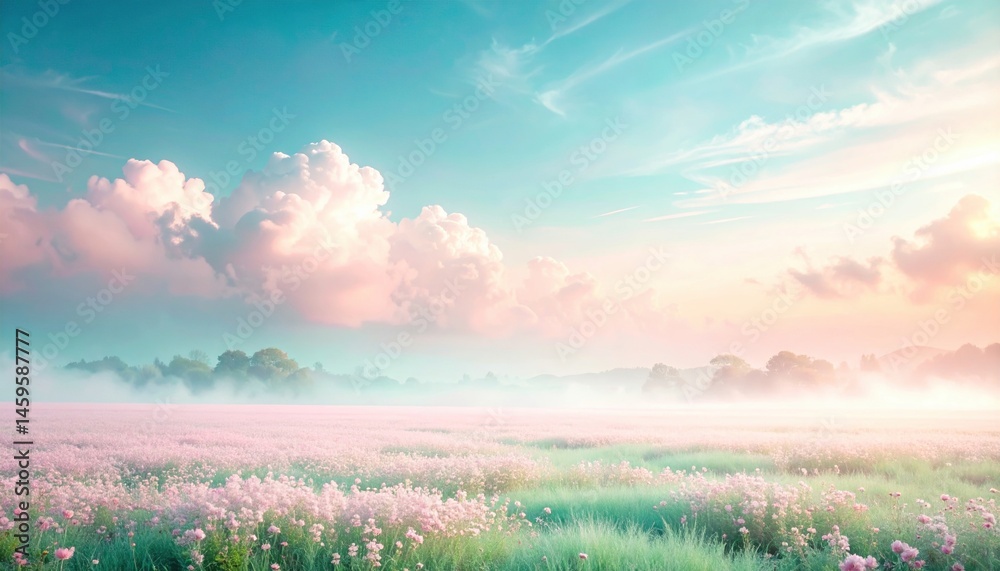 Obraz premium Serene sunrise over flower-filled meadow nature landscape tranquil environment peaceful viewpoint