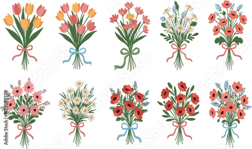 Flower bouquets. Garden blossoming flowers with stem and leaves, floral bouquet. Various cartoon romantic flowering plant for Woman and Mother day.