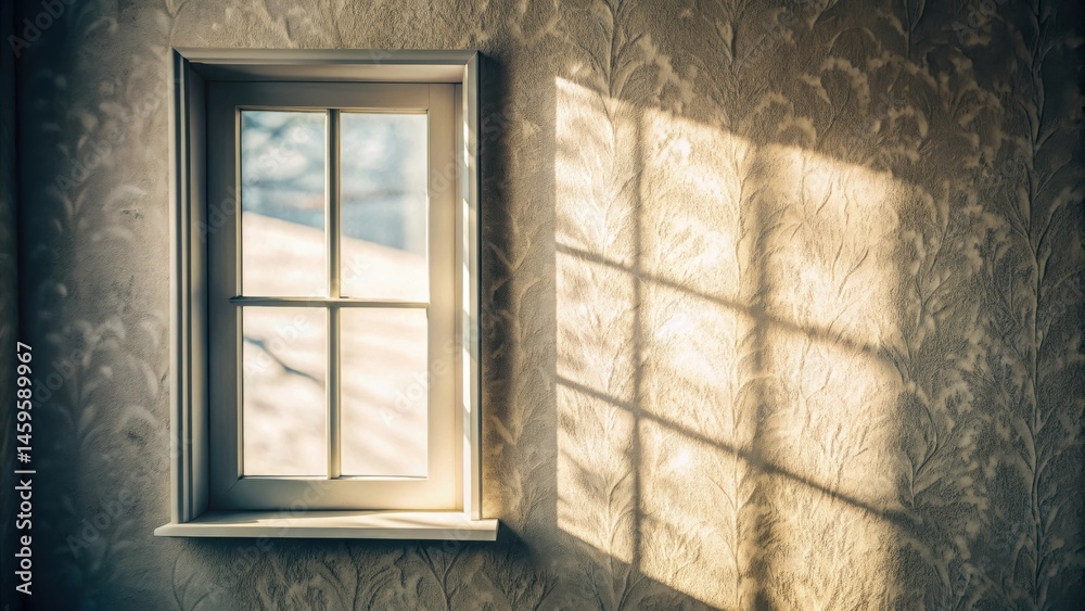 Obraz premium Illuminated Interior A sunlit window casts a patterned shadow on textured wall