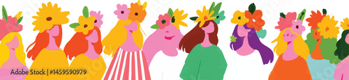 A vibrant illustration showcasing a diverse group of women adorned with floral crowns, celebrating the beauty of nature, youth, and sisterhood, captured in a joyful, celebratory,border, frame border, 