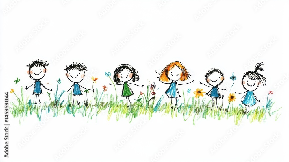 Joyful Children Holding Hands in a Colorful and Playful Nature Scene