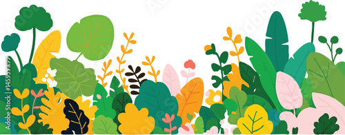 A vibrant floral landscape featuring lush foliage and diverse plant life, creating a sense of growth, freshness, and the beauty of nature.Floral border with field flowers. Botanical design, horizontal